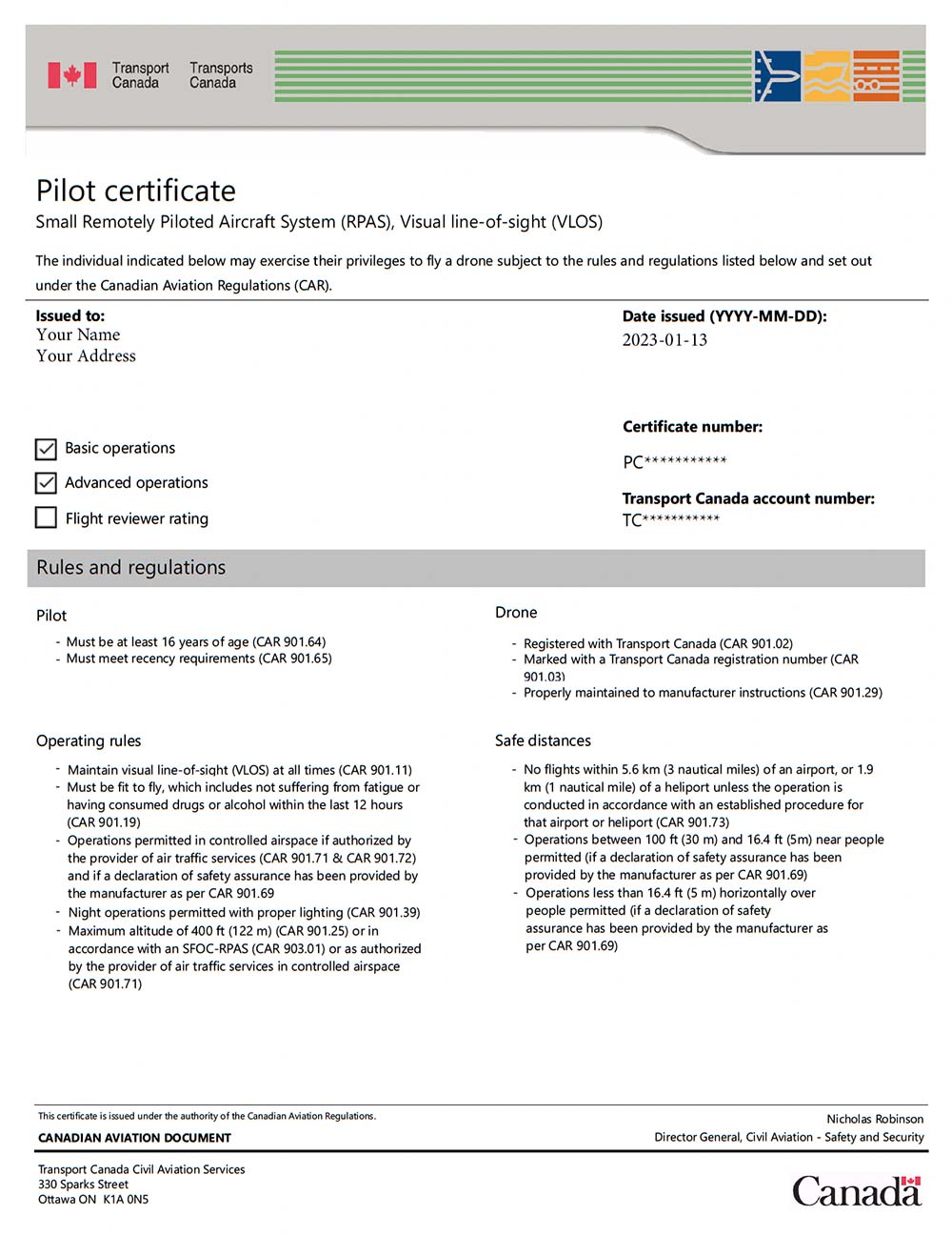 drone license example from Transport Canada