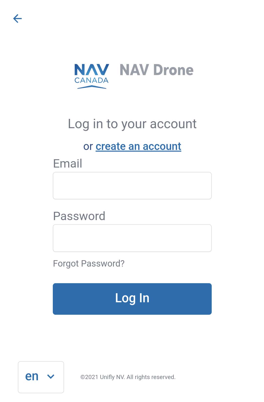 login page for Nav Drone mobile app